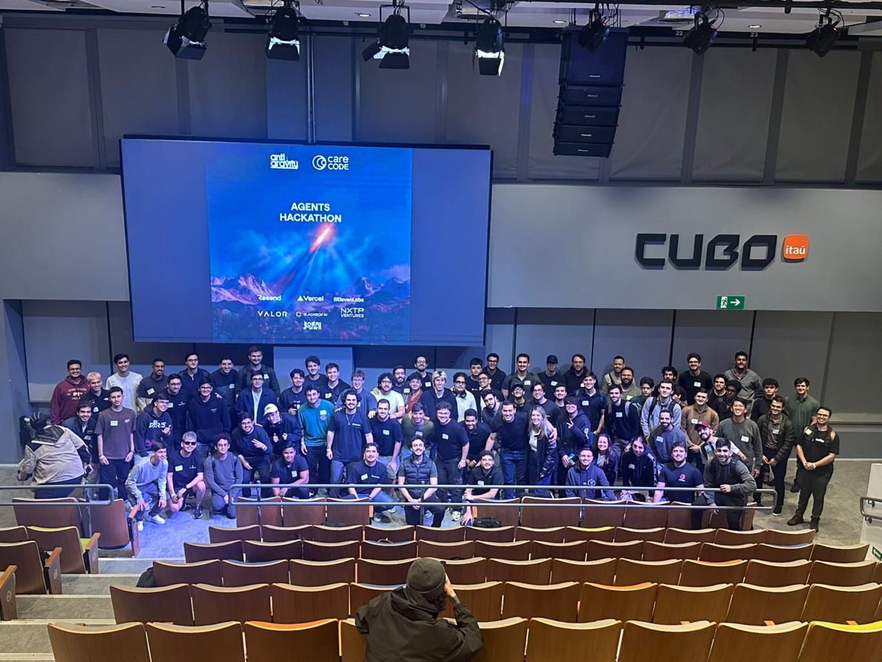 Group photo at the Agents Hackathon in CUBO Itau, Brazil