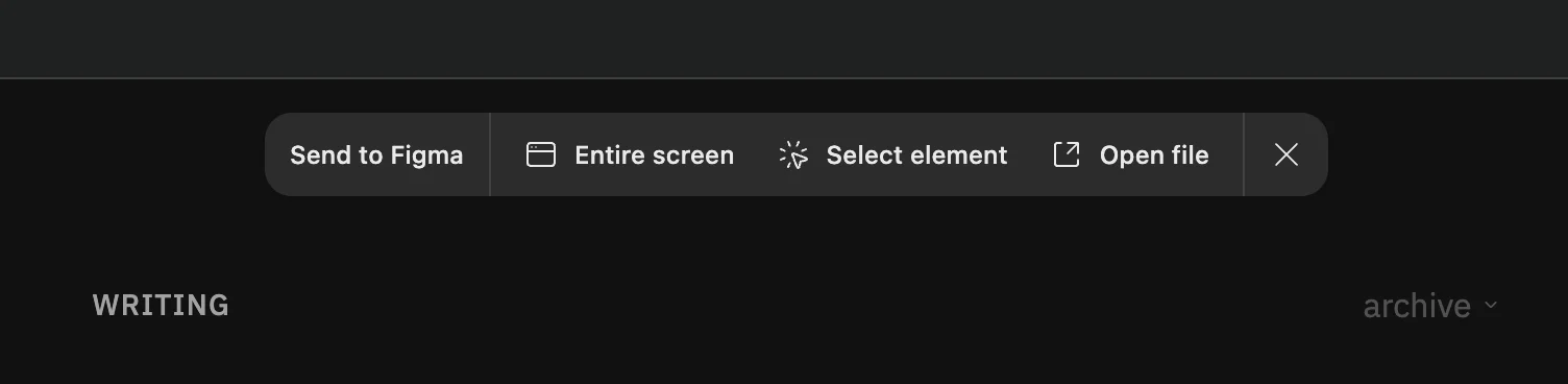 The capture toolbar injected by the Figma script, showing Send to Figma, Entire screen, Select element, and Open file buttons