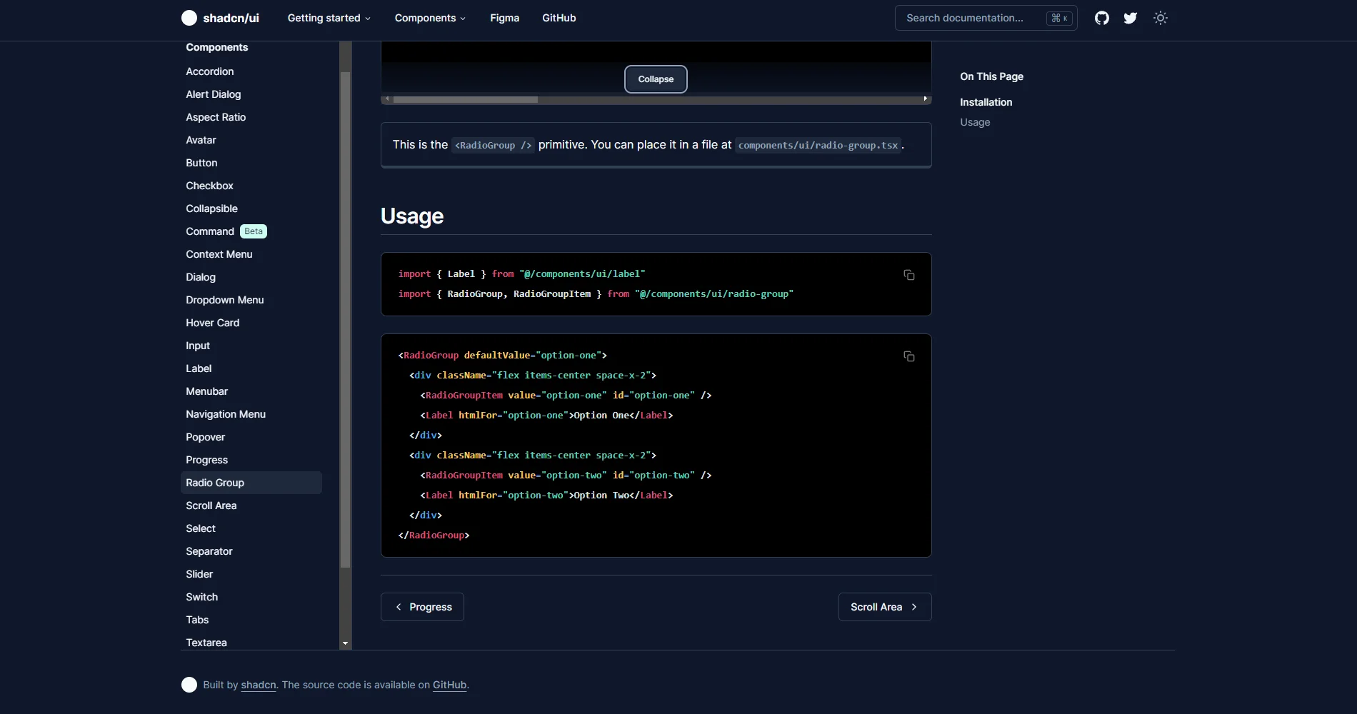 ui.shadcn.com docs using One Hunter Theme with dark syntax highlighting
